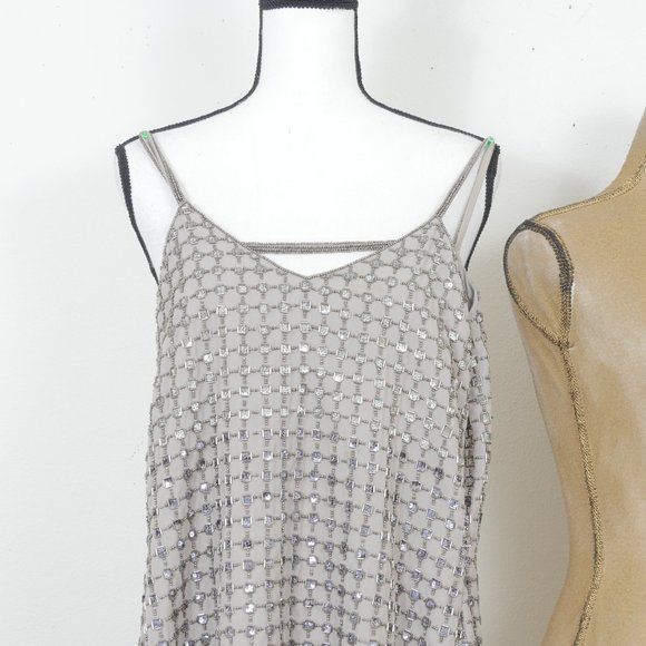 Parker Anthropologie Gray Silver Beaded Art Deco Flapper Size XS Mini Slip Dress - Picture 3 of 10